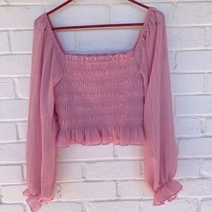 She And Sky Pink Shirred Long Sleeve Crop Top L